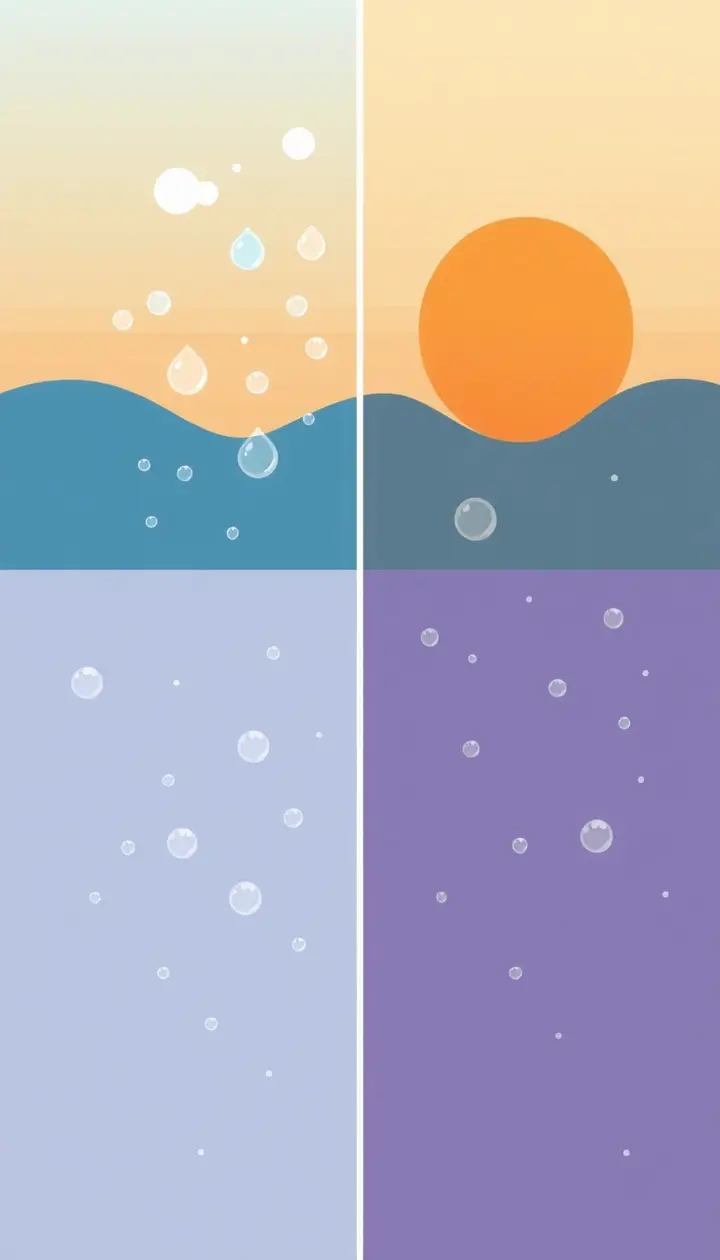 夏の湿った空気と冬の乾いた空気を対比するイラスト
