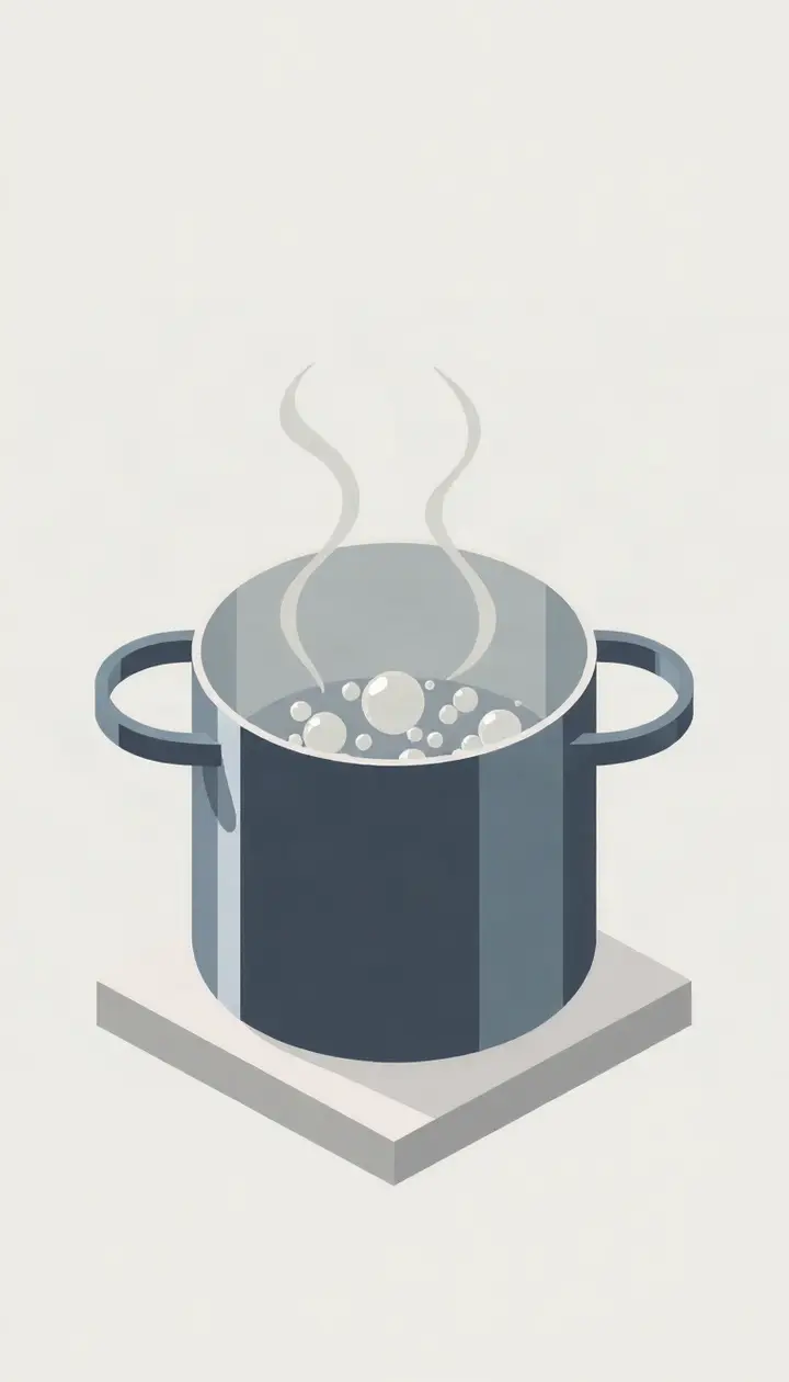 鍋の断面イメージ、内部に水滴と蒸気の粒が上昇するイラスト
