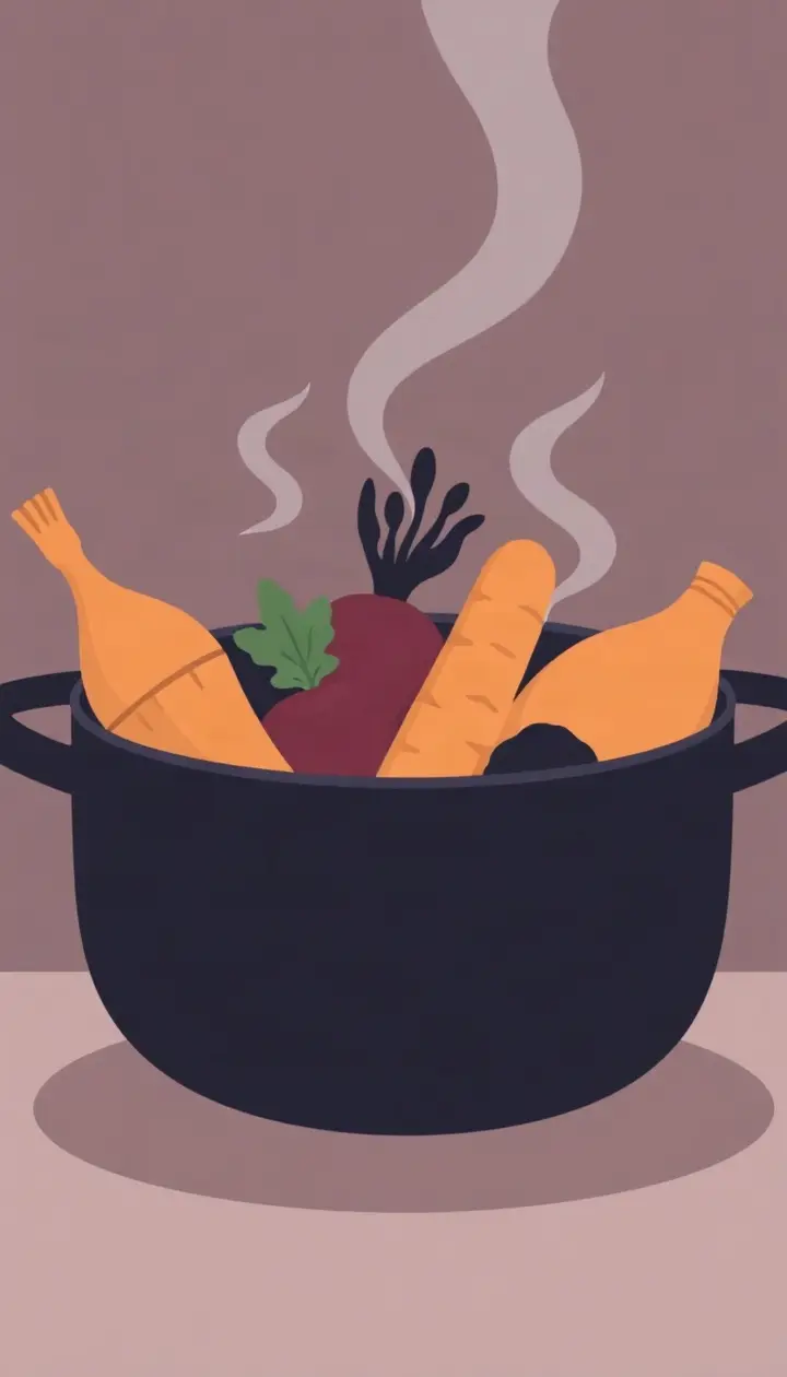 根菜やお肉が柔らかくなる様子を示すシルエットのイラスト