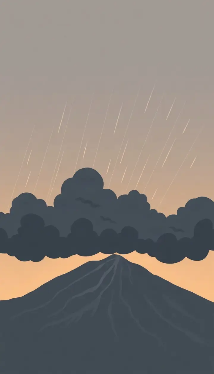 午後の空で雲が大きく発達し、山に雨が降る様子