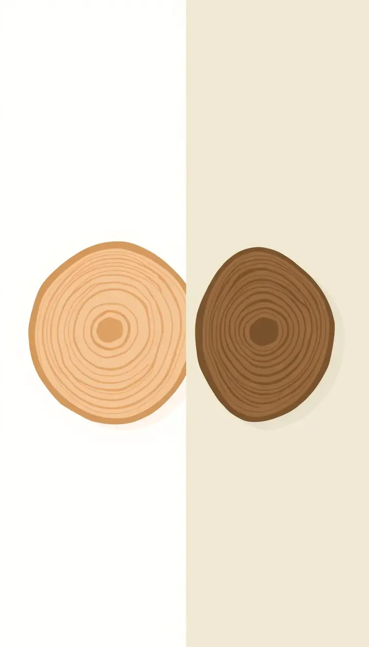 春夏の薄い輪と秋冬の濃い輪が交互に重なる断面図、季節の対比