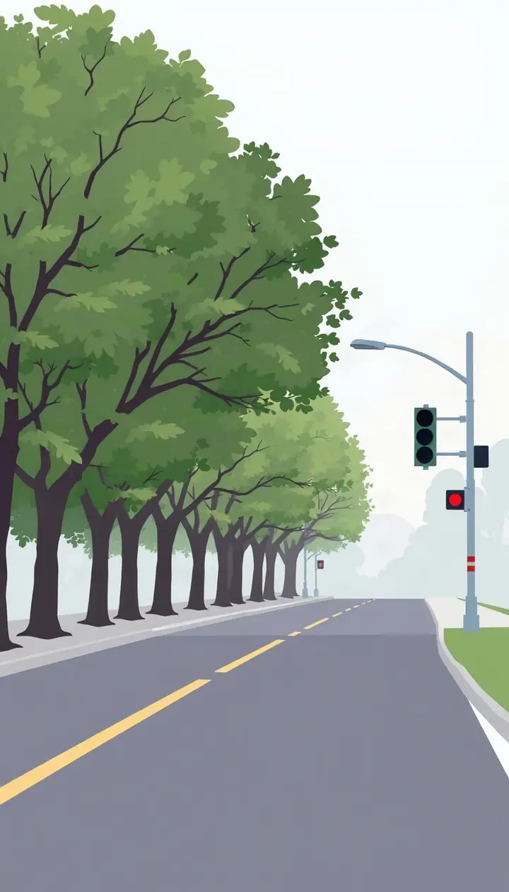 左側に街路樹が茂る道路、右側に信号機がすっきり見える対比イラスト