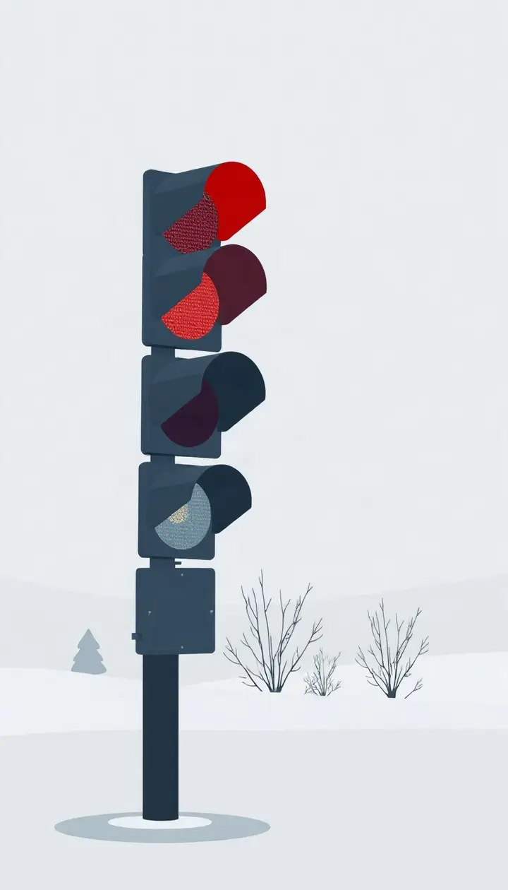 雪が積もった風景に立つ縦型信号機のイラスト