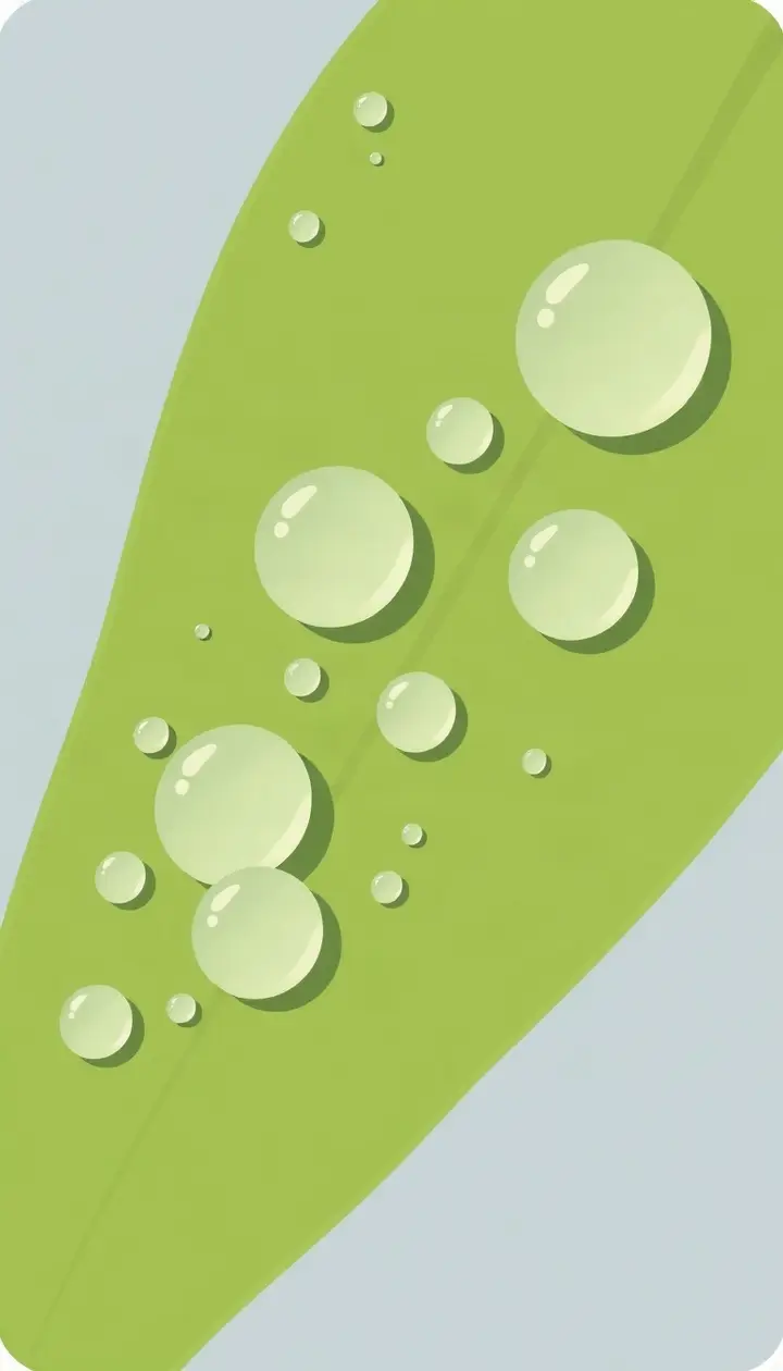 複数の丸い水滴が葉の上に並んでいる様子