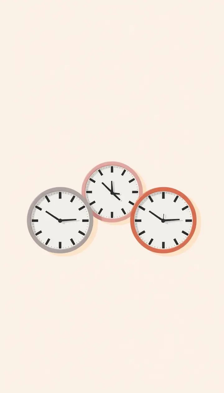 複数の時計の針がそれぞれ違う長さを指しているイメージ(比較表現)