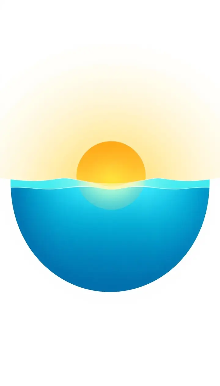 太陽光が水面に当たり、表面近くだけ暖色に染まる断面図