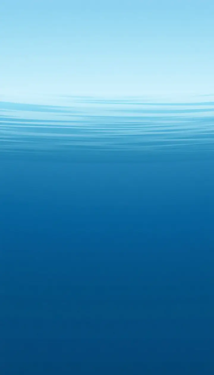 静かな湖面と、水中に沈む暖色から冷色へのグラデーション層の全景