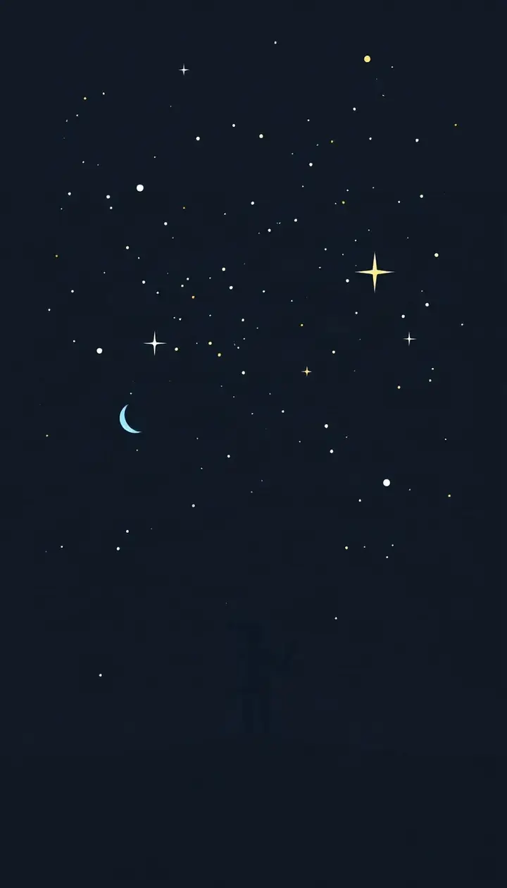 望遠鏡を持つ人物の後ろ姿と、新月に近い夜空