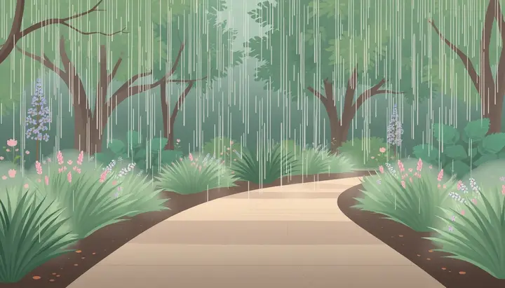しとしと降る優しい雨の地面のイラスト、静かで穏やかな雰囲気