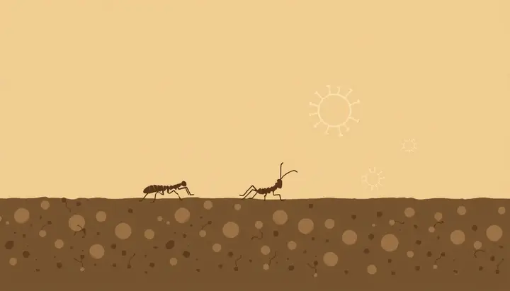 土の中の小さな虫が菌のにおいに向かって移動していく様子を示す柔らかいイラスト