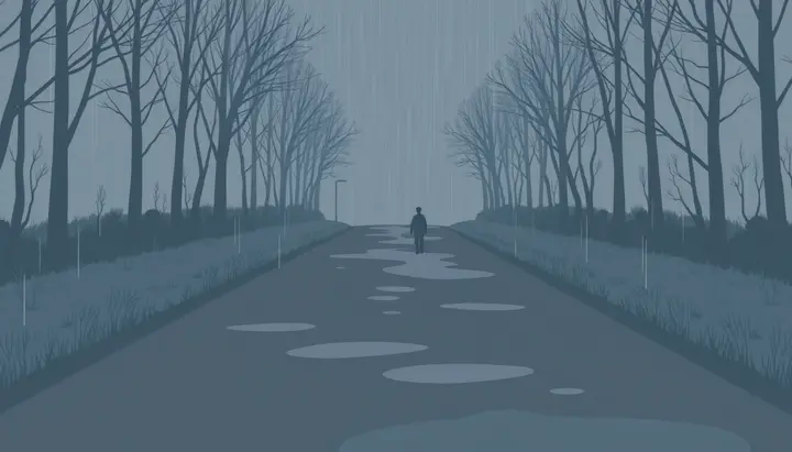 雨上がりの静かな道、遠くに小さな人影がゆっくり歩いていく後ろ姿の情景