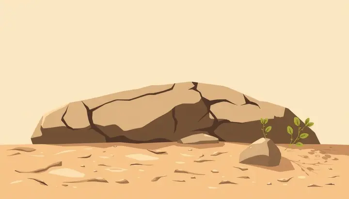乾いた季節に植物の葉から出た油分が岩の表面に薄く積もっていく様子を示す図解的なイラスト