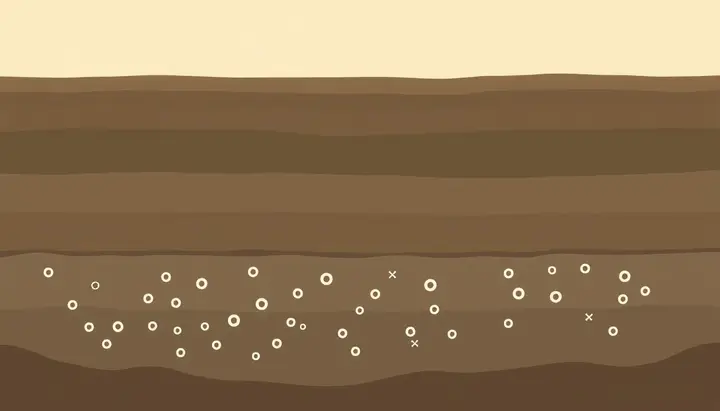 油の情景から地中の菌のイラストへゆっくり視点が移る、土の断面イメージ