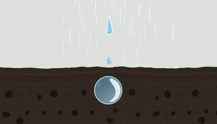 雨粒が多孔質の土に当たり内部に小さな気泡ができる様子を断面図で示すイラスト