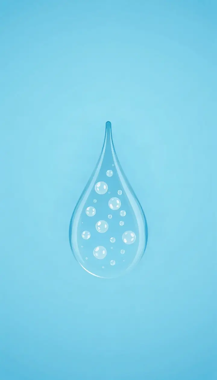 水滴の中に小さな気泡やミネラル粒子が浮かんでいるイメージ図
