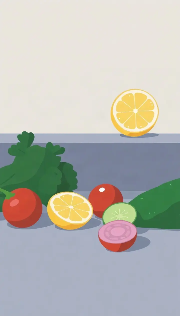 レモンの断面と野菜が並んでいる、落ち着いたキッチンの静物イラスト
