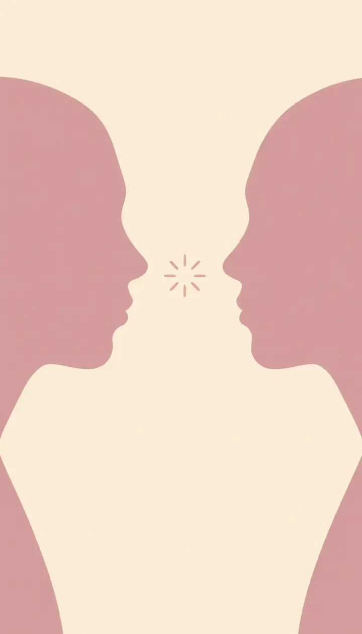 2つの人物シルエットが向き合い、片方の動きがもう片方に鏡のように反射するイメージ
