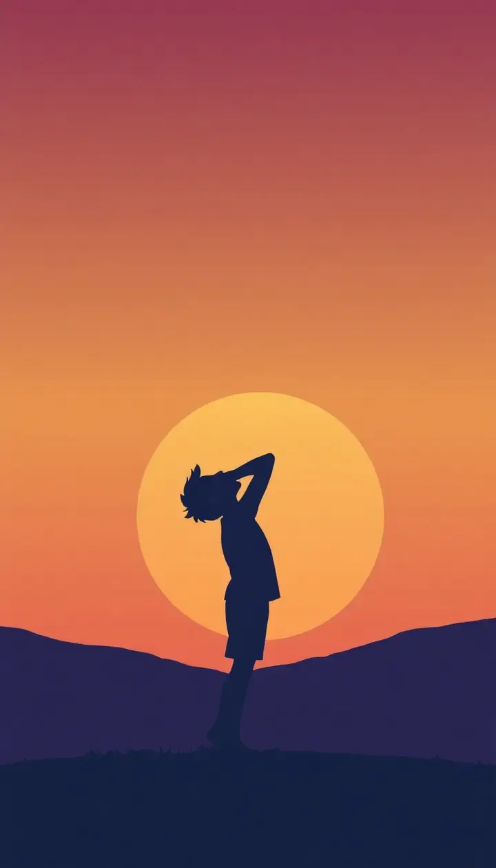 夕方の空を背景に一人のシルエットが伸びをしながらあくびをしているシーン