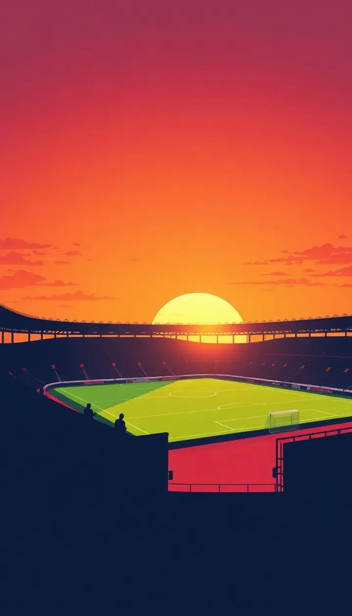 夕暮れのスタジアム全体を遠くから見た穏やかな情景