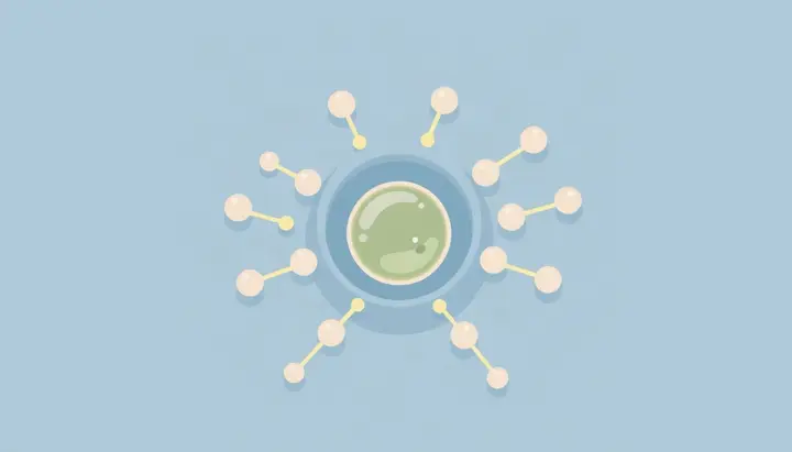 複数の洗剤分子が油の粒を取り囲み、小さな球になって水中に浮いている様子
