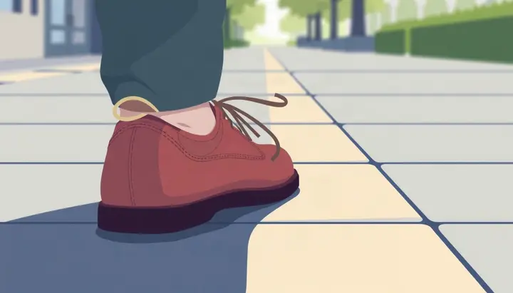 歩いている足元の靴紐にフォーカスした静かなカット