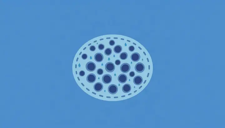 粒の断面に無数の小さな穴が空いていて、水滴のような粒が吸い込まれていくイメージ
