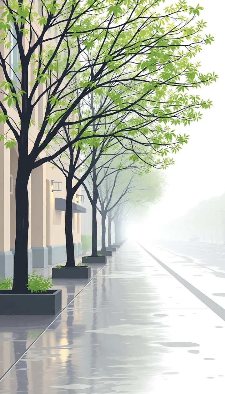 雨上がりの街並みを穏やかに描く
