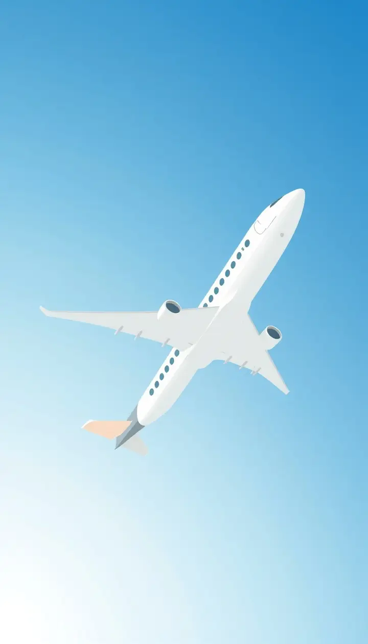 現代の旅客機が青空を飛ぶ、丸窓が並ぶ側面ショット