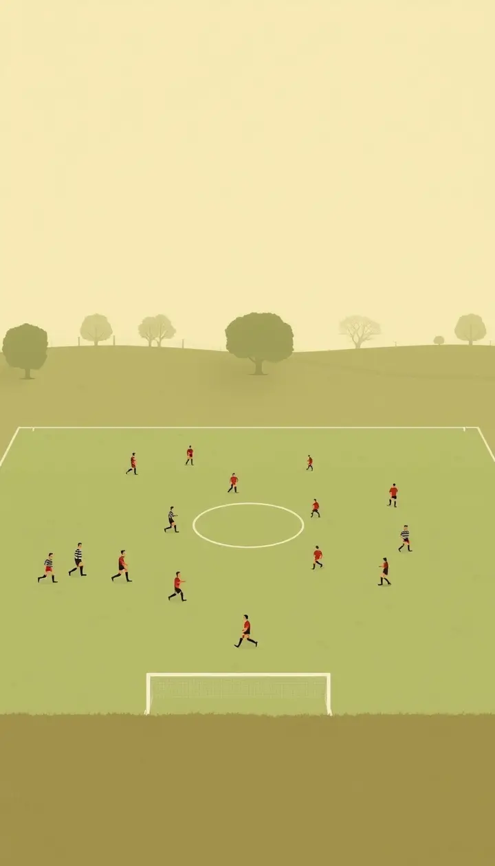 古めかしいイギリスの草サッカー場、複数のチームがバラバラの時間でプレーしているイメージ