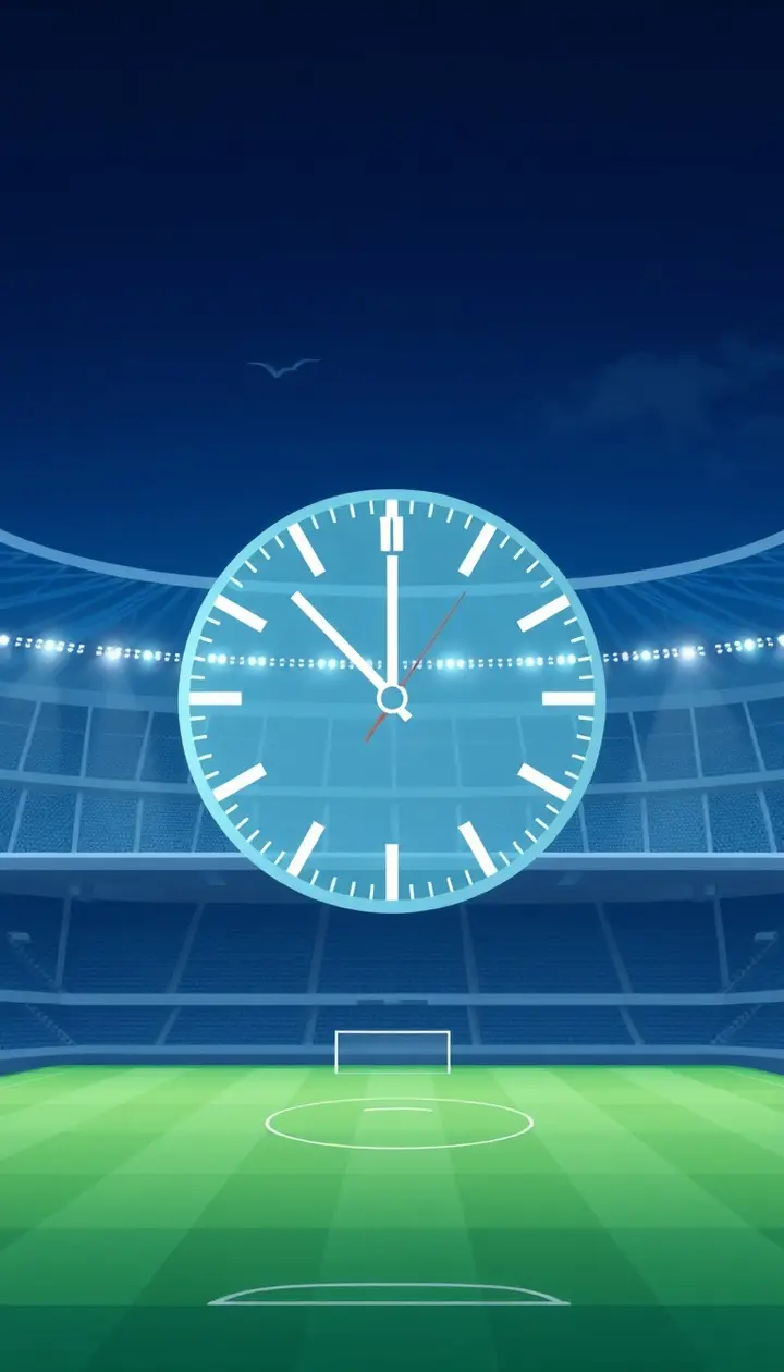 現代のスタジアムに切り替わり、時計とピッチが重なるイメージで締める