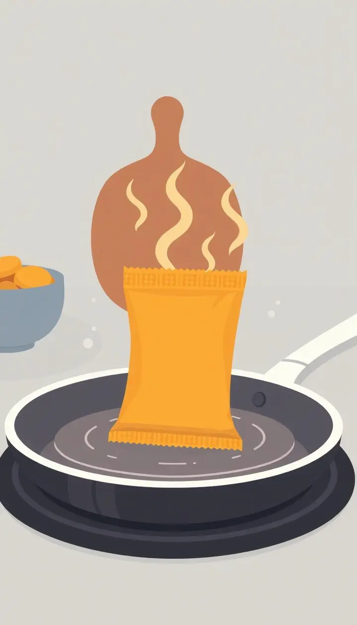 フライパンの上で温められている乾燥剤のパックのイラスト