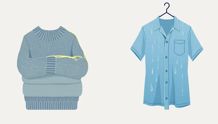 濡れた服と乾いた服を着た時の熱の逃げ方の比較図