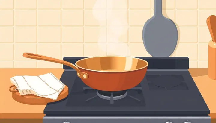銅のフライパンと木製の鍋敷きが並んでいるキッチンのイラスト