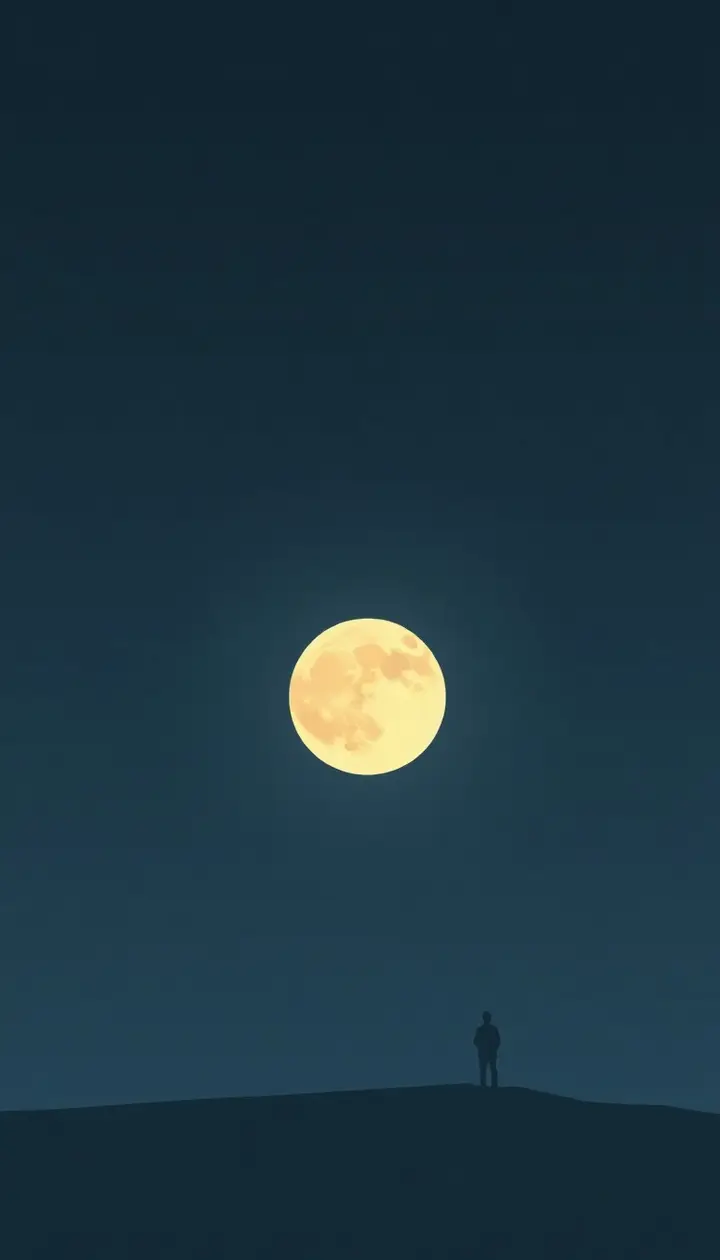 夜空に浮かぶ満月をしみじみ見上げる遠景シルエット