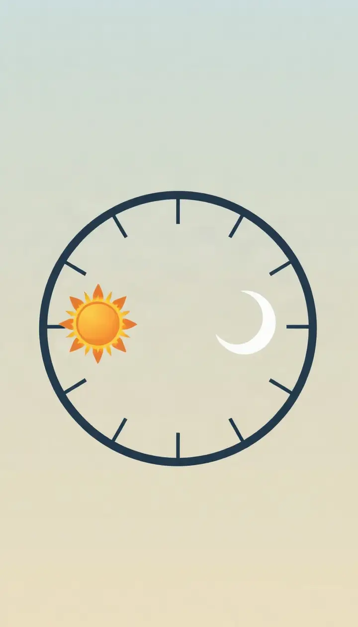 太陽と月が円を描くように交互に配置された、24時間サイクルを表す抽象的な円環