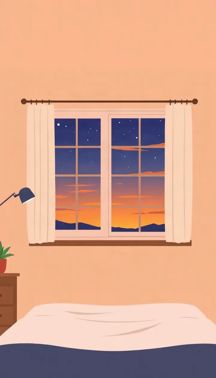 夕方から夜にかけて空の色が暗くなっていく風景と、静かなベッドのシルエット
