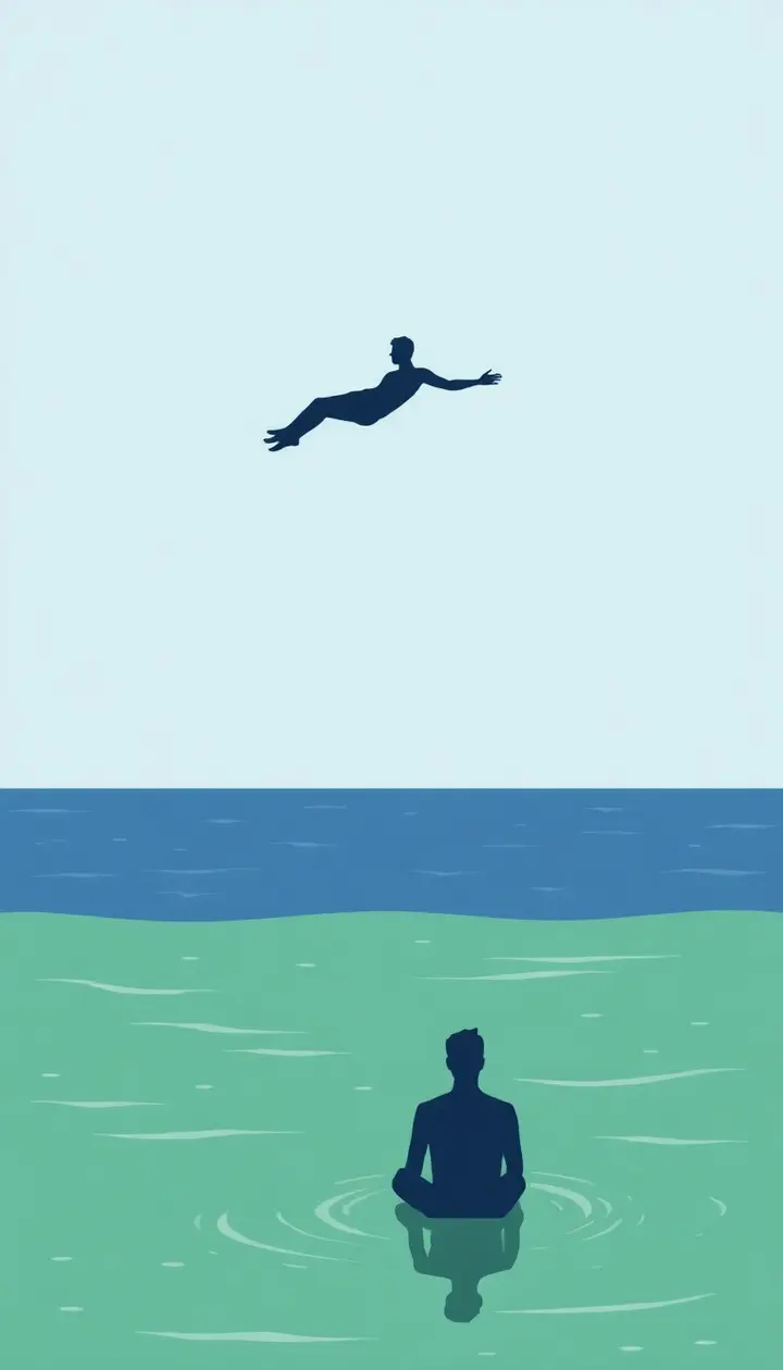 海に浮かぶ人のシルエット(遠景・後ろ姿)と、川で沈み気味の人のシルエットの対比