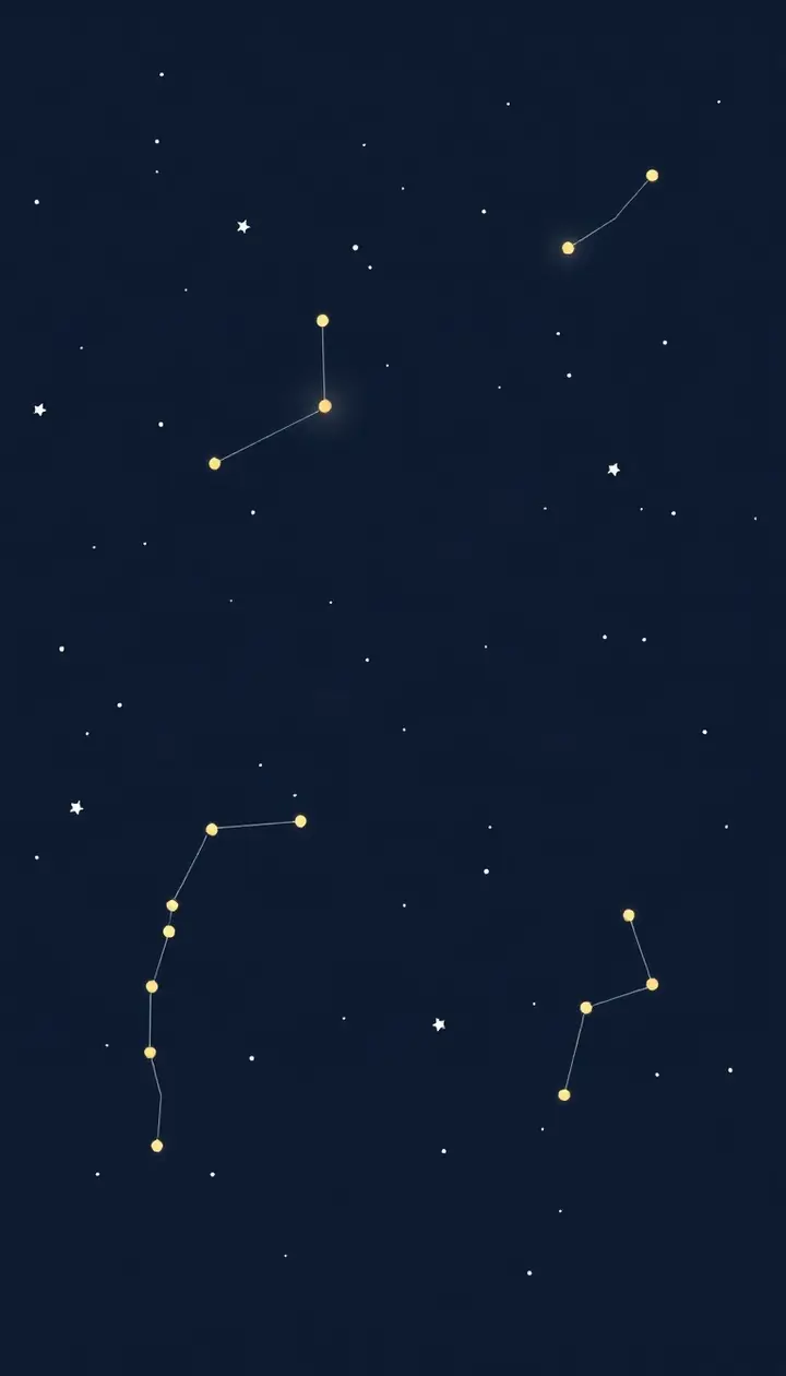 夜空に浮かぶ星座のシルエット(てんびん座やうさぎ座を思わせる星の点と線)が並ぶ静かな図解