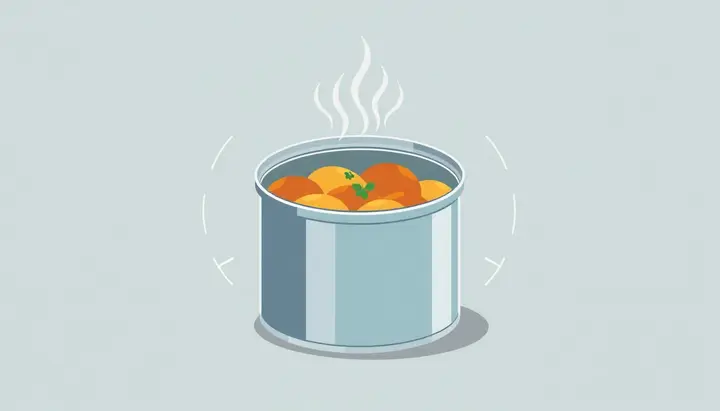 缶の中の食品が密封され、加熱によって微生物が消えていく様子