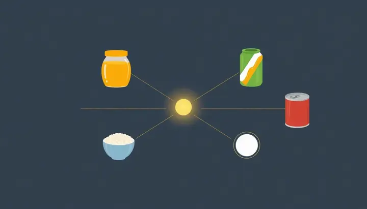 4つの食品が再び並び、それぞれから1本の同じ線が伸びて合流するイメージ