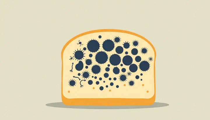 食品の表面に小さな微生物のシルエットが増えていく様子を模式的に