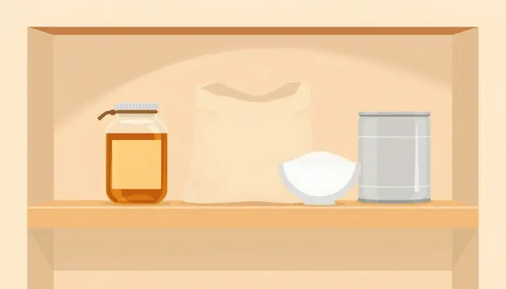 4つの食品が静かに並ぶ棚に、注意を示す落ち着いた光が添えられる