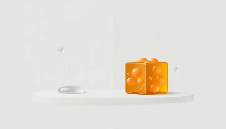 食品の断面に水滴が閉じ込められているイメージと、自由に動く水滴の対比