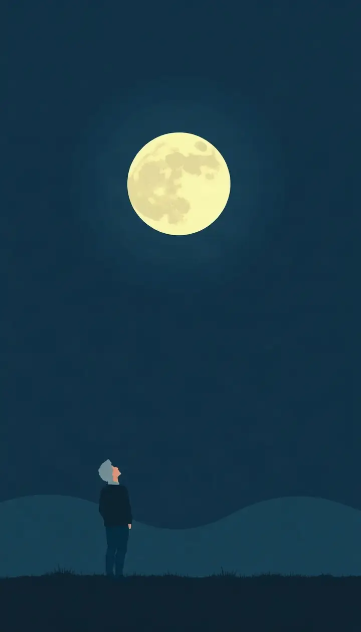 夜空を見上げる遠景の人物シルエットと大きな満月
