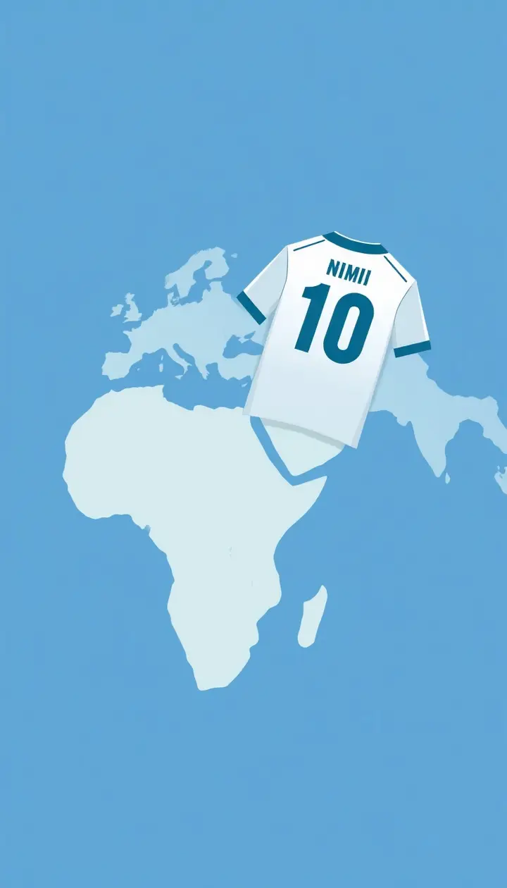 世界地図の上にサッカーボールと10番のユニフォームがふわりと浮かぶイメージ