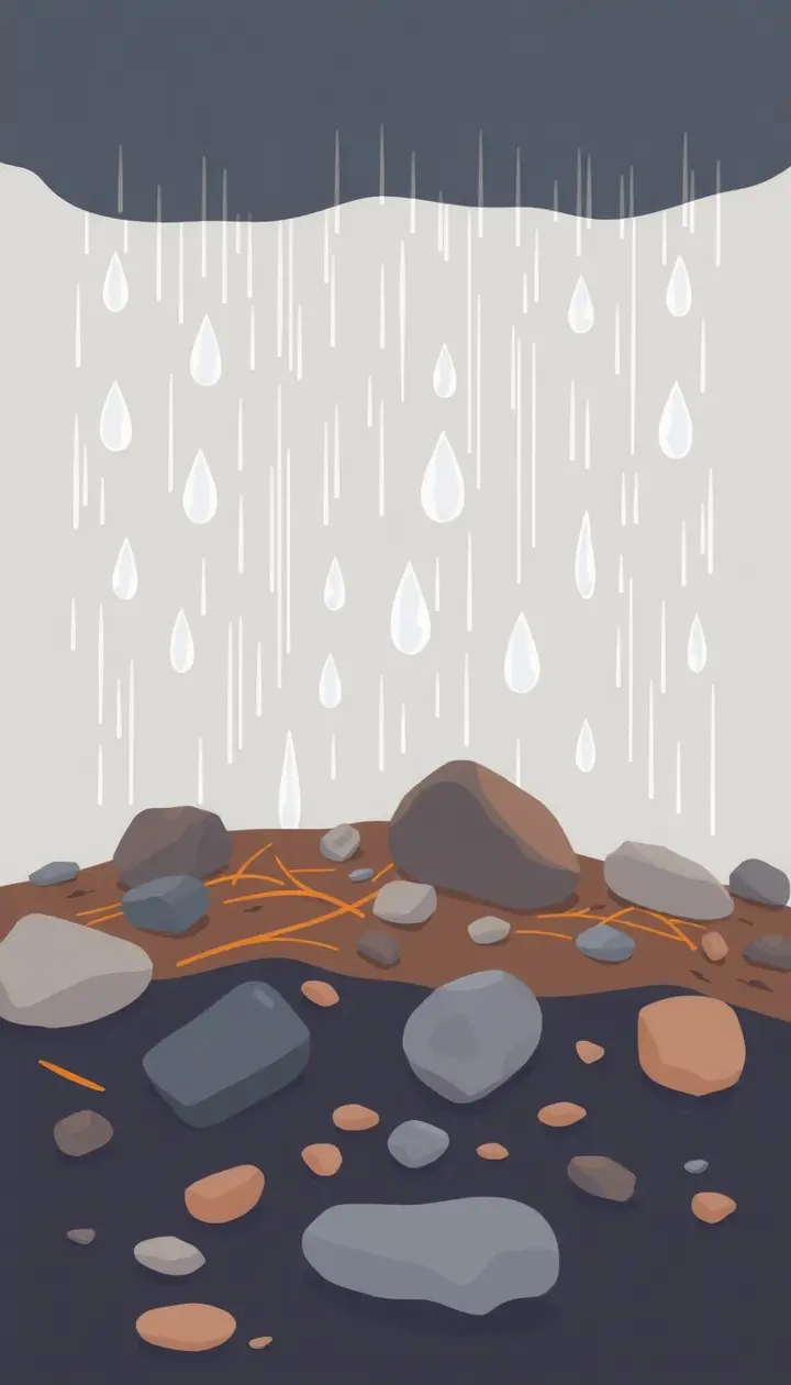 土や岩に雨粒が落ちる様子のクローズアップイラスト