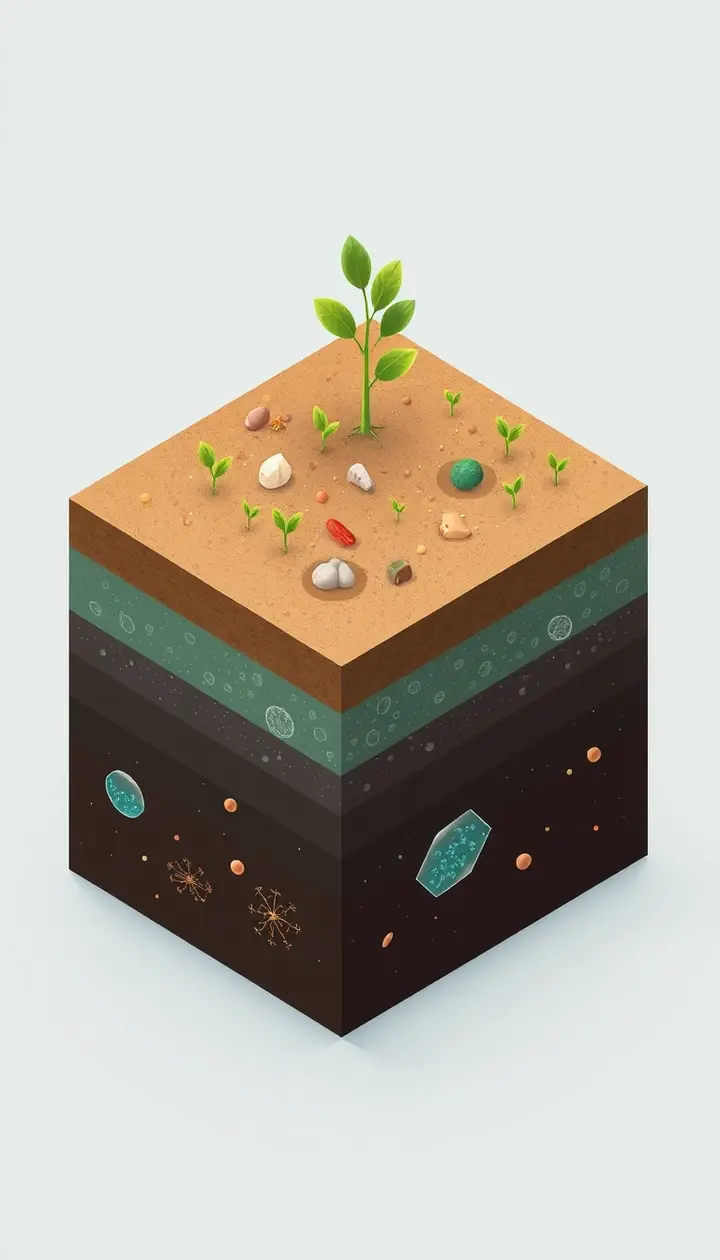土の中に見えない油分や微生物のイメージを可視化したイラスト
