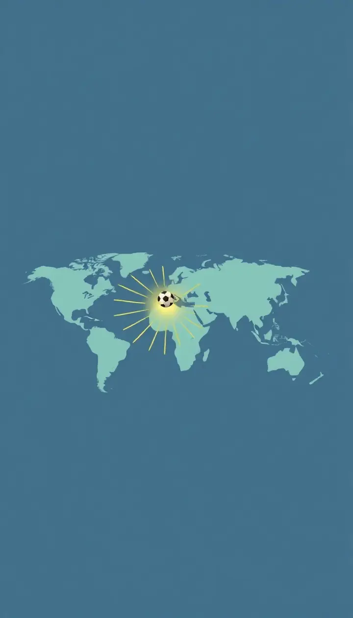 世界地図のシルエットの上にサッカーボールのアイコンが浮かぶ構図。イギリスあたりから広がるイメージ