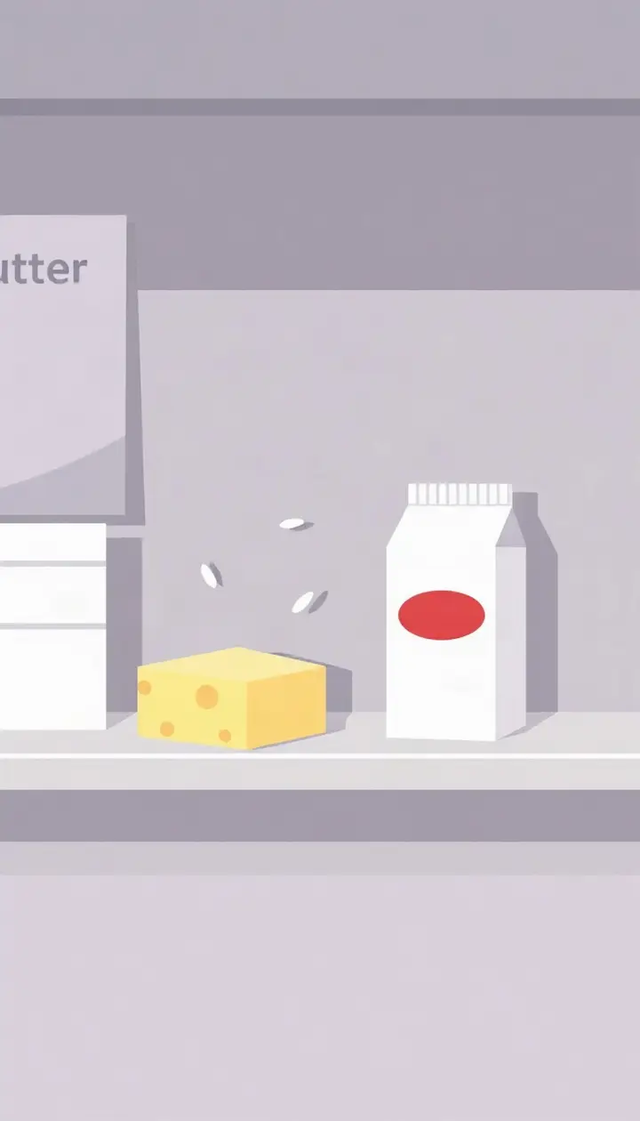 脂肪分を含む食品(バター、チーズ、牛乳パック)が並び、周囲に小さな粒子が吸い込まれていく様子