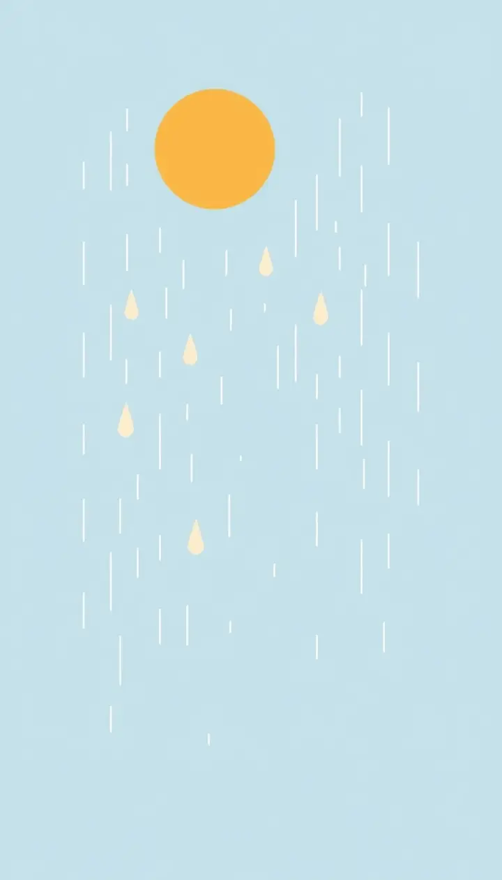 太陽・雨粒・観測者の位置関係を示すシンプルな図解、光の線が観測者ごとに違う雨粒から届く様子